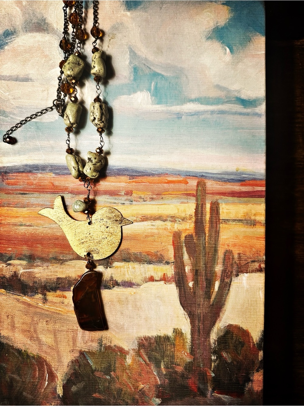 Brass Bird & moss green stone necklace